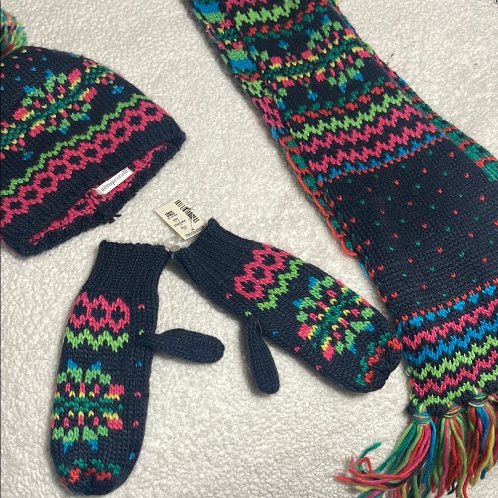 Colorful Knit Hat, Scarf, and Mittens Set